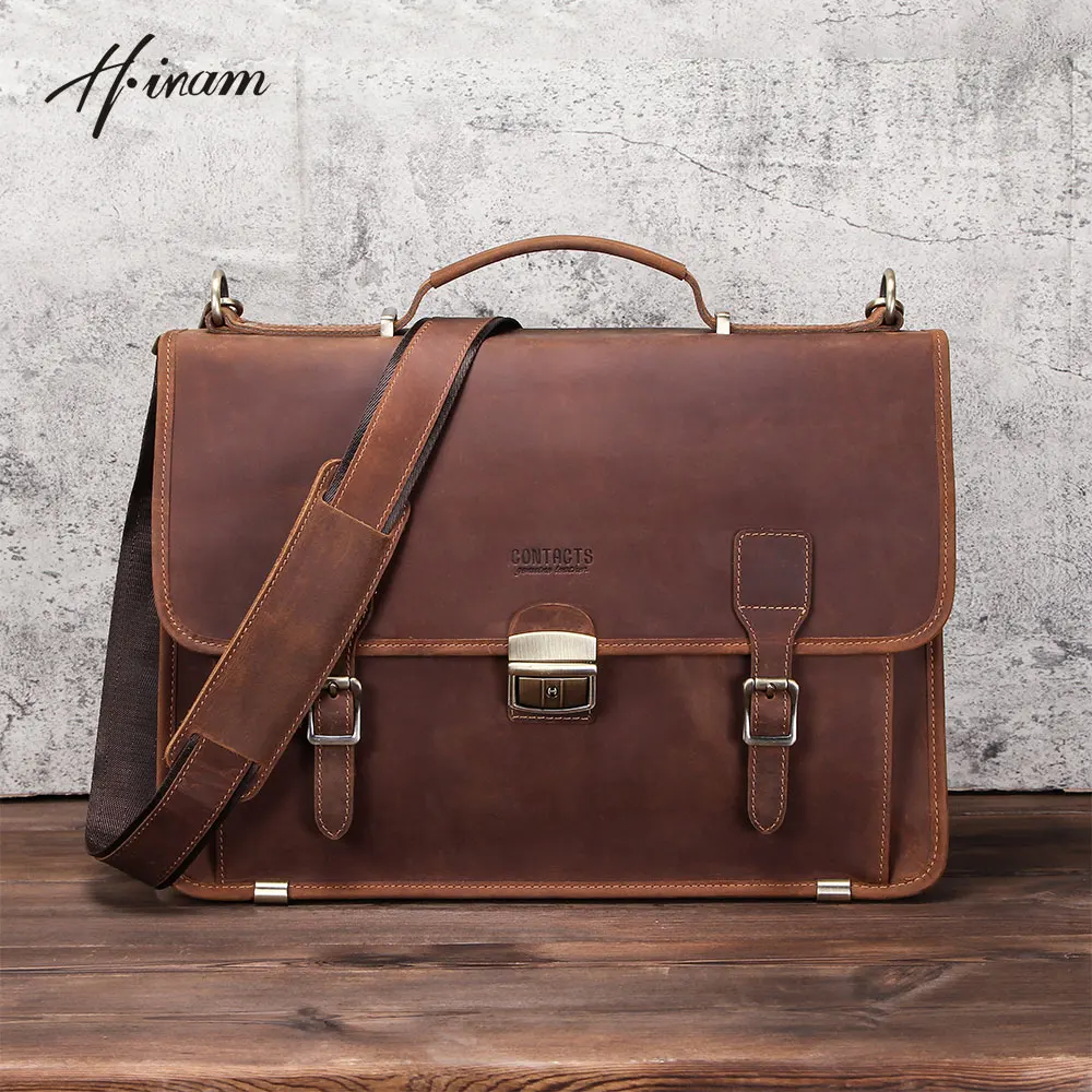 Retro Luxury Genuine Leather Briefcase Laptop Bag for Macbook Air 13.3 Inch with Cover and Shoulder Strap Business Crossbody Bag