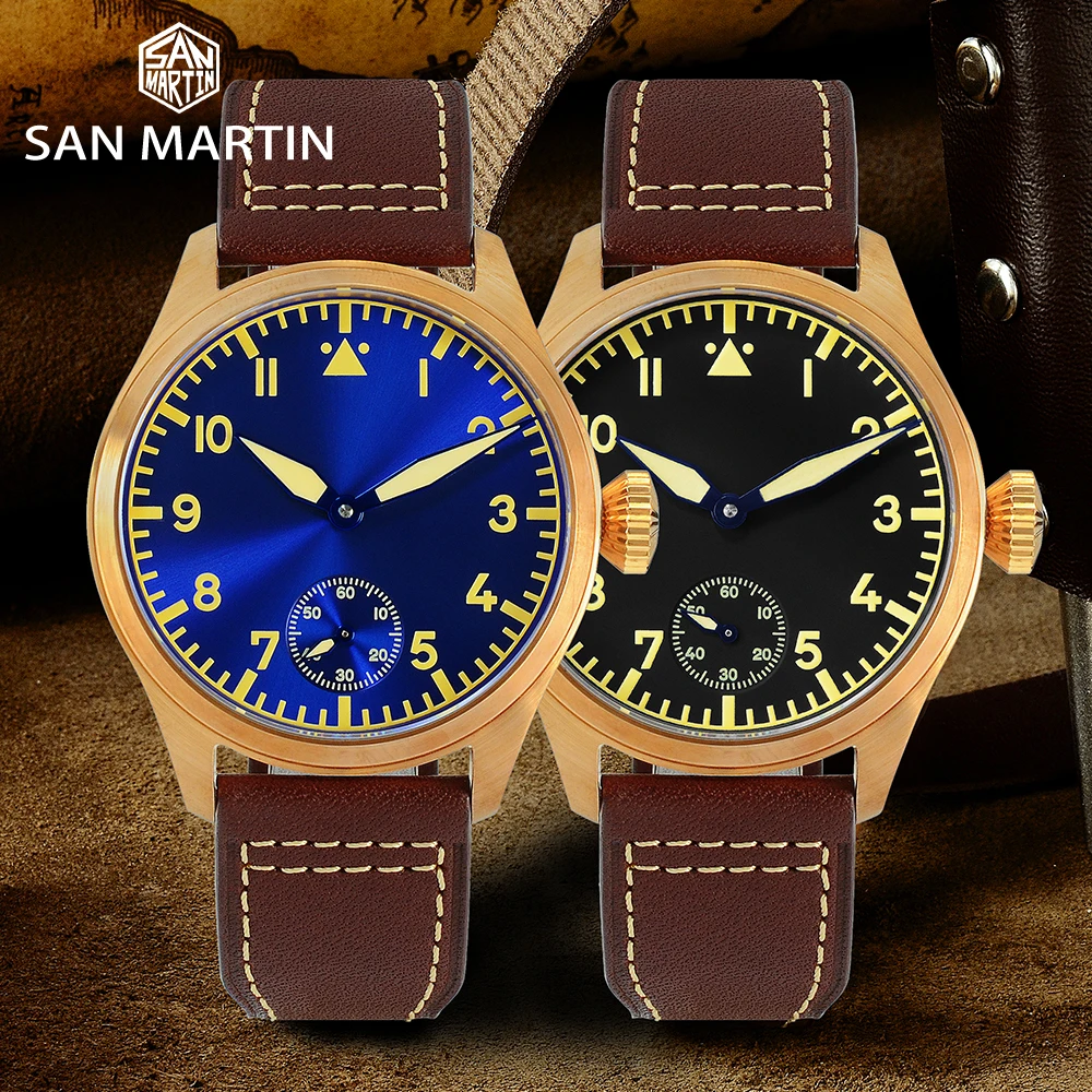 Купить Мужские часы San Martin Bronze Pilot 44 мм, механические часы с сапфировым кожаным ремешком, светящийся водостойкий прозрачный чехол на заднюю панель