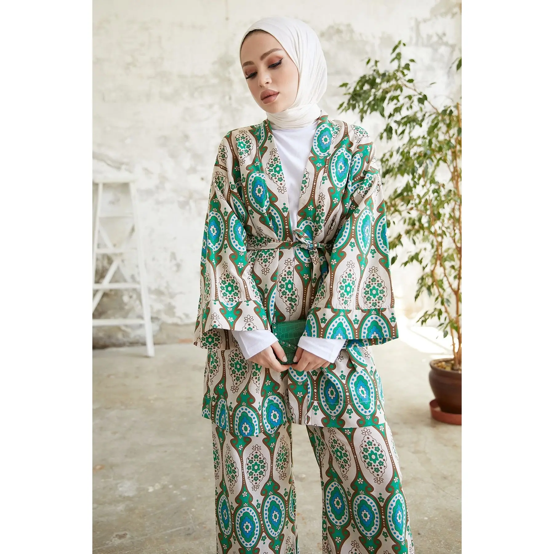 2 pieces Women's Set Maxi Jacket kimono  and Pant Muslim Fashion Muslim Sets İslamic Clothing Dubai Turkey 2021 hijab women set