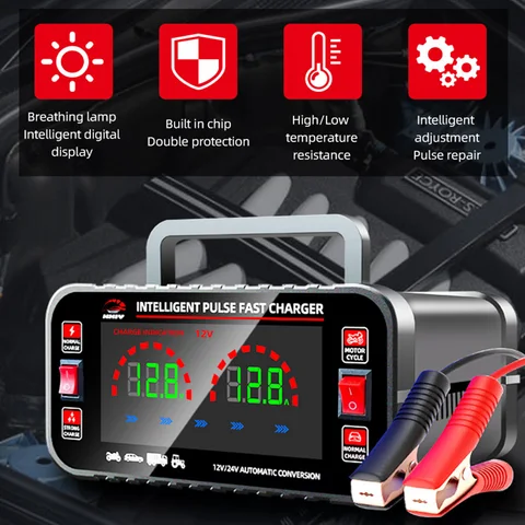 12V/24V Smart Pulse Repair AGM ГЕЛЕВОЕ влажное свинцово-кислотное зарядное устройство Smart Motorcycle Battery Charger ЖК-цифровой дисплей с большим экраном 10/5A