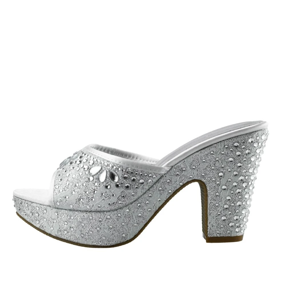 Silver Dressey Summer Shoes Women Wedding Party Footwear Chunky Mules Sandals Platform 3CM Lace Rhinestone High Heels Sandals