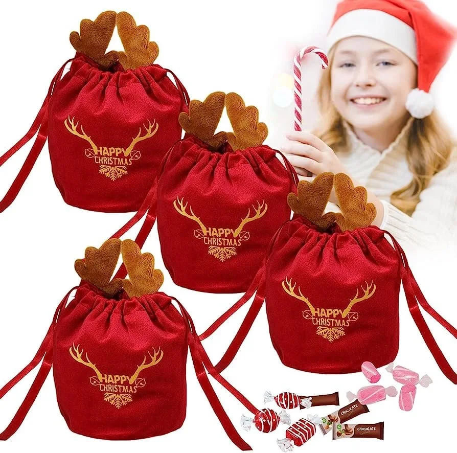 

10/20Pcs Christmas Gift Bags Velvet Drawstring Presents Elk Antlers Reindeer Packing Bags for Xmas Party Favor Wrapping Decor