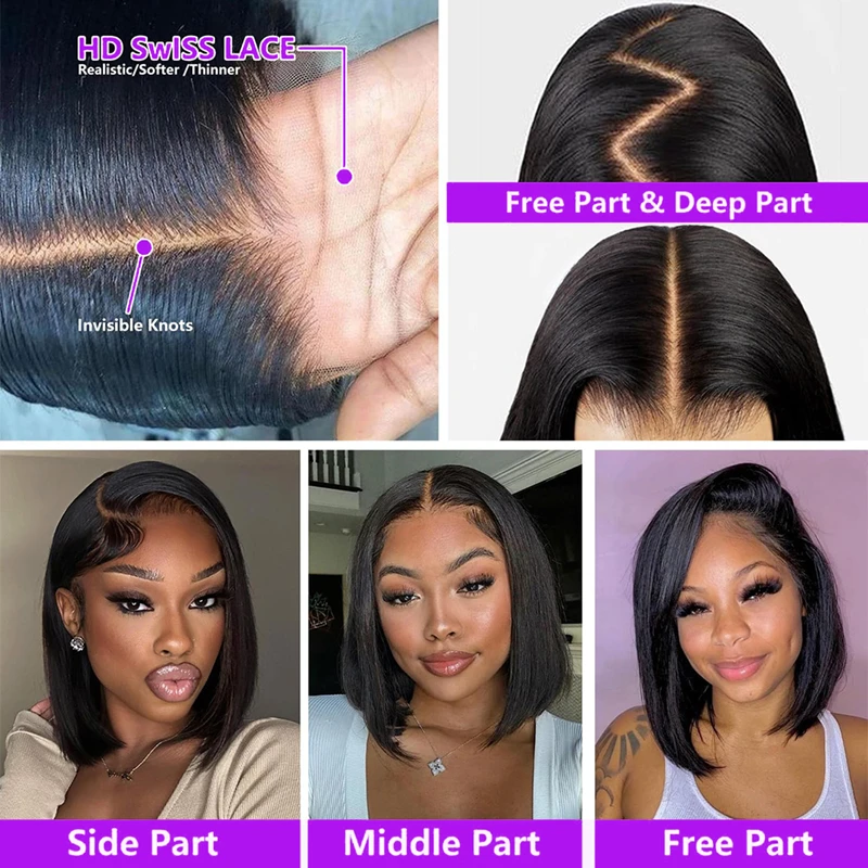 Straight Bob Frontal Wig Lace Natural Black #1B Pre Plucked With Baby Hair 200% Density Short Wigs For Women