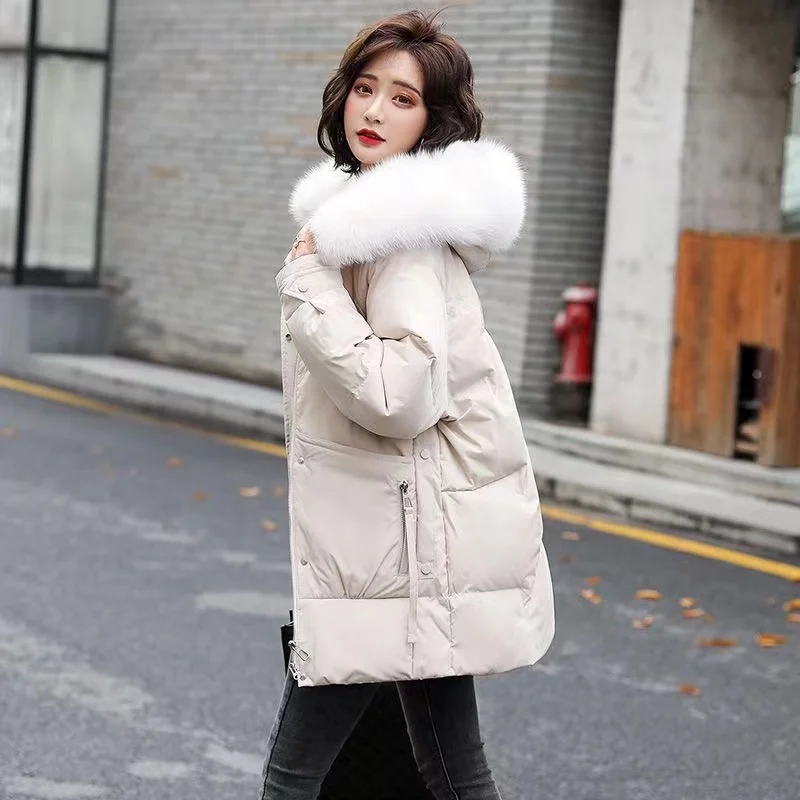 Zipper Snap Double Open Hooded Fur Collar Warm Windproof Down Jacket Winter Mid-Length Loose Thick Solid Color Puffer Jacket