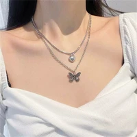 new fashion kpop heart butterfly pendant necjkace double layer chain for women charm clavicle choker ladies jewelry collar 2022
