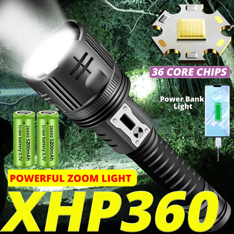 

5000000LM Super Bright XHP360 36-Core Strong Flashlight Powerful Zoom Light USB Charging Powerbank Light 10400mah Camping Lanter