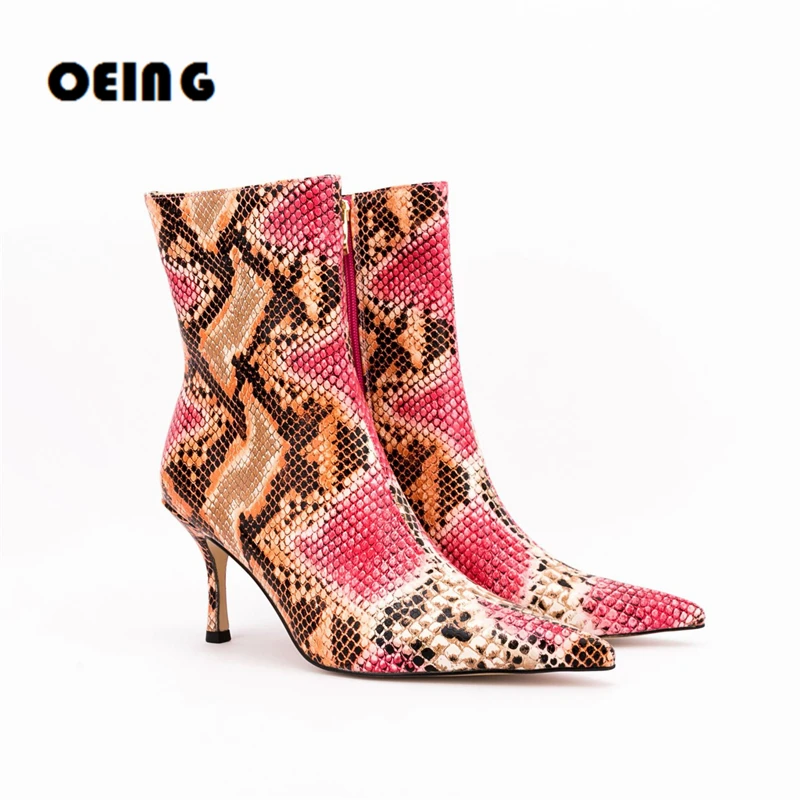 

2022 Autumn Women Snakeskin Ankle Boots Sexy Pointed Toe Kitten Heels Booties Ladies Zipper Casual Party Boots Shoes For Women