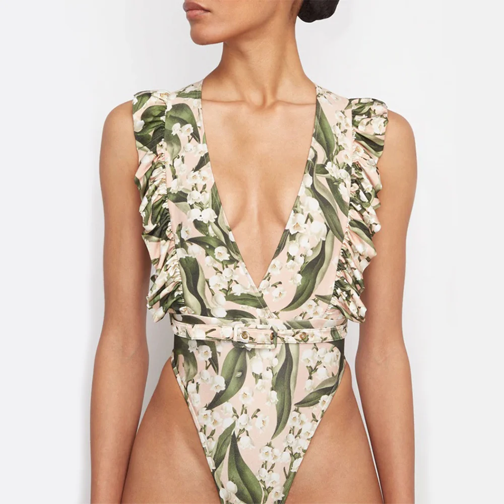 

2022 Fashion Print Deep V Neck One-Piece Bikini Slim Cutout Seamless Stitching Swimsuit High Waist Elegant Ruffled Beachwear