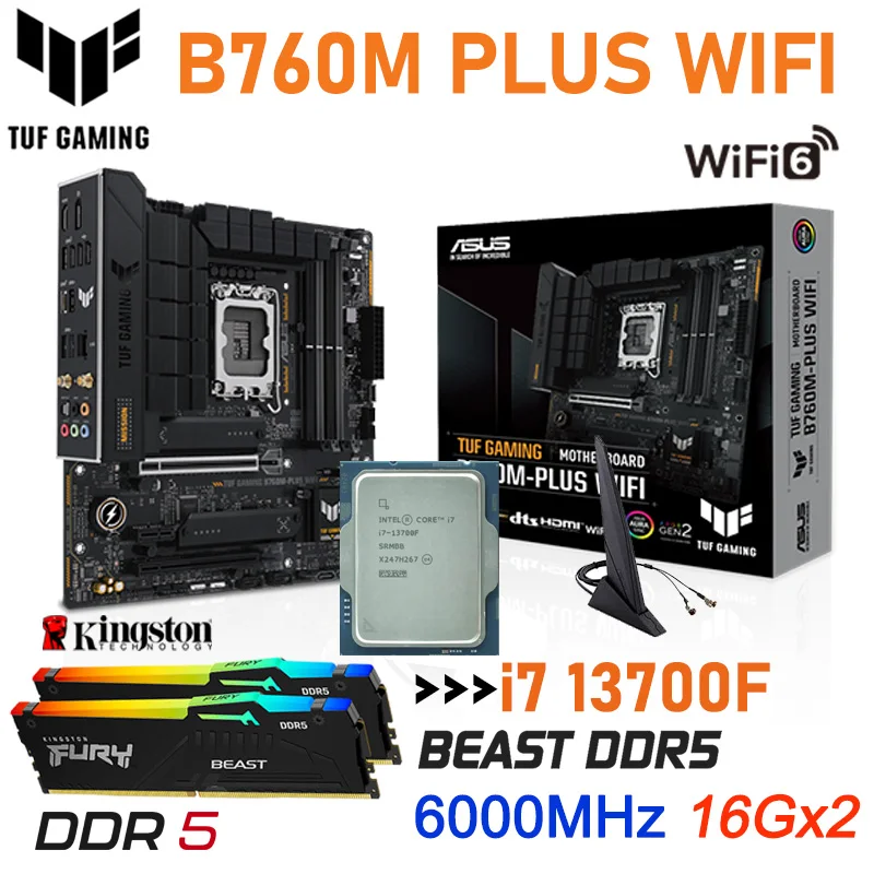 

Игровая Материнская плата ASUS TUF, Intel B760, B760M PLUS, Wi-Fi, LGA 1700, процессор Intel Core i7 13700F, Kingston, 6000 МГц, 32 ГБ