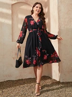 lace up dress women plus size 2022 summer outfit long sleeve v neck fashion print dress street loose lady clothing female