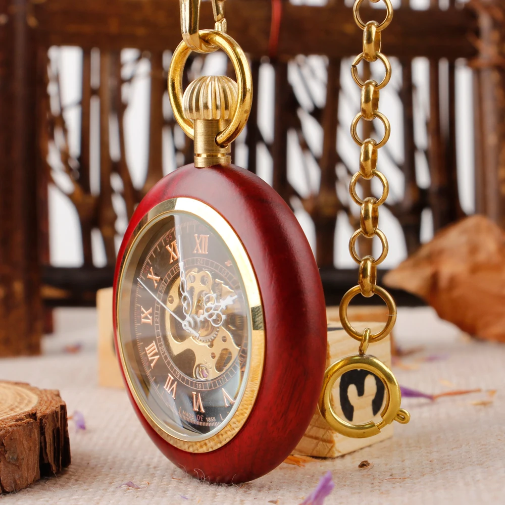 Vintage Red All Wood Mechanical Pocket Watch Antique Steampunk Necklace Mens Hand Wind Fob Watch