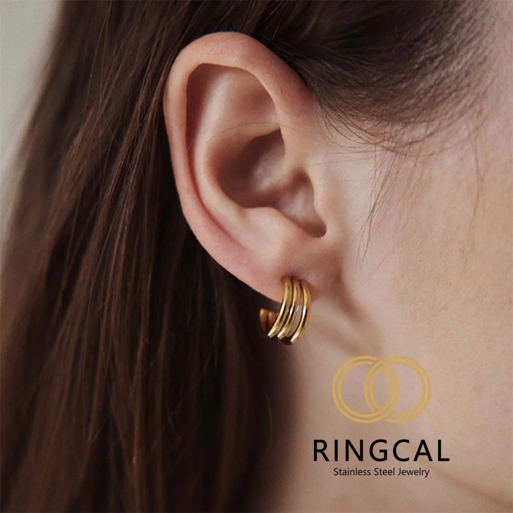 

Ringcal Fashion Jewelry Needle Hoop Earrings Three Row Simply Design Classic Metallic Earrings For Women Gifts