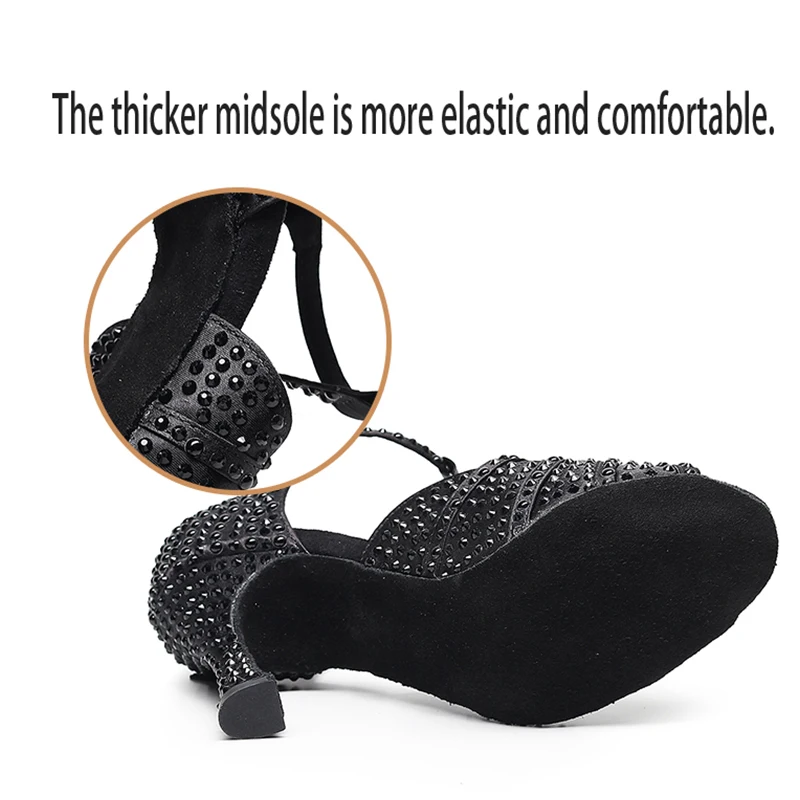 Woman T- Strap Latin Dance Shoes for Girl Pearl Rhinestone Bachata Salsa Dancing Shoes Black White Latino Shoes Flare 3.5 Inch
