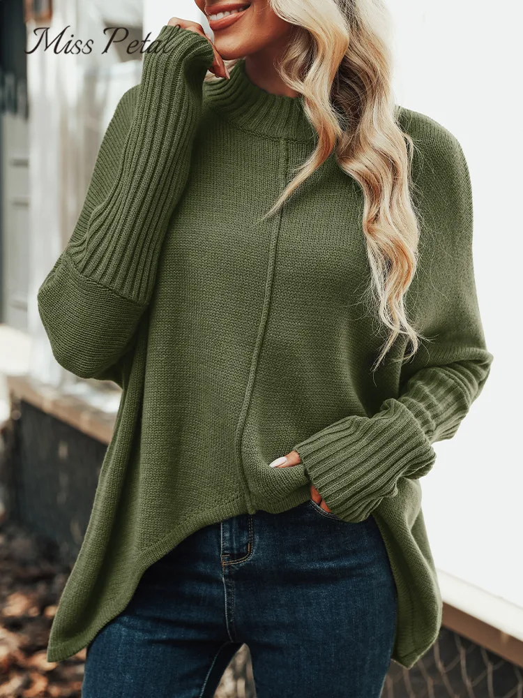 

MISS PETAL Mock Neck Drop Long Sleeve Sweater For Woman Olive Green Casual Pullovers Top 2023 Autumn Winter Knitwear Clothes