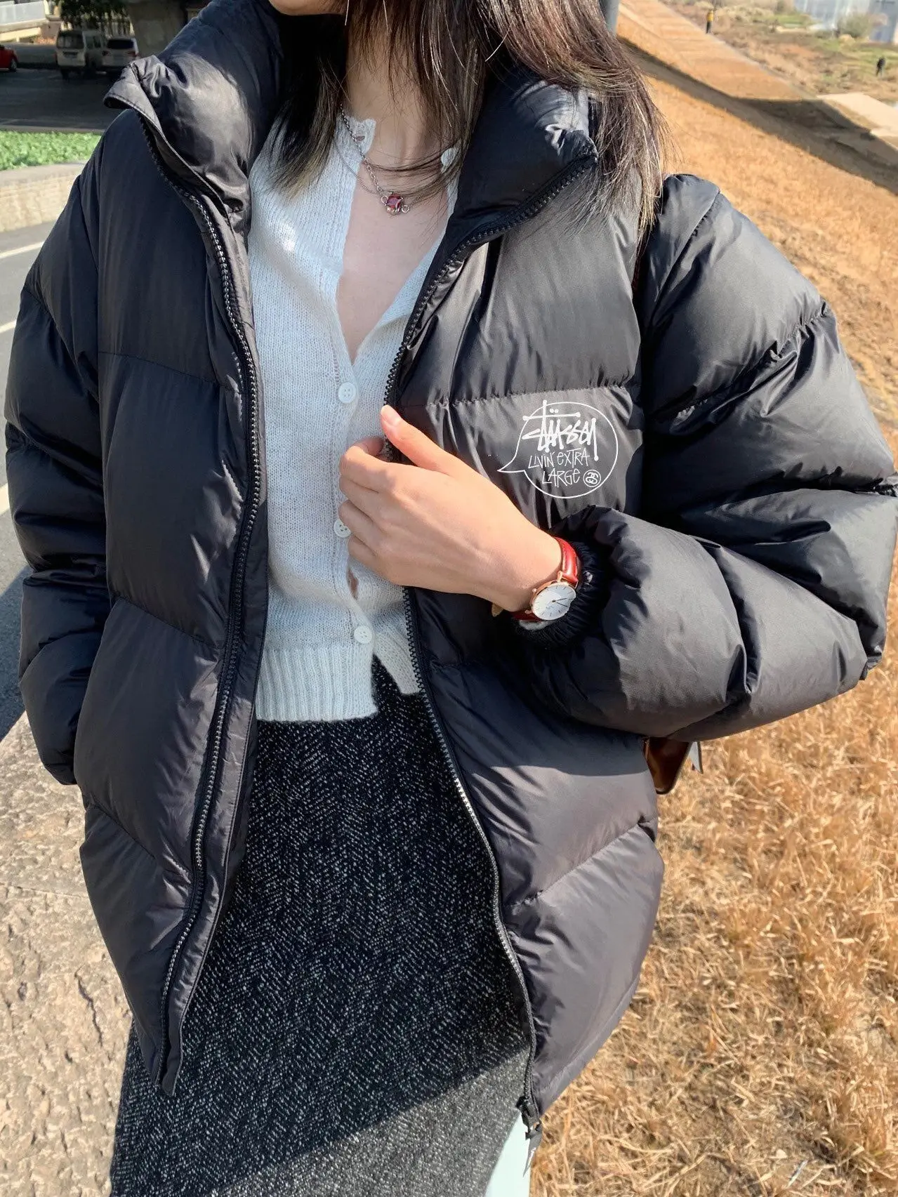 Stusey Зимняя свободная толстая куртка с двойной молнией пушистая теплая