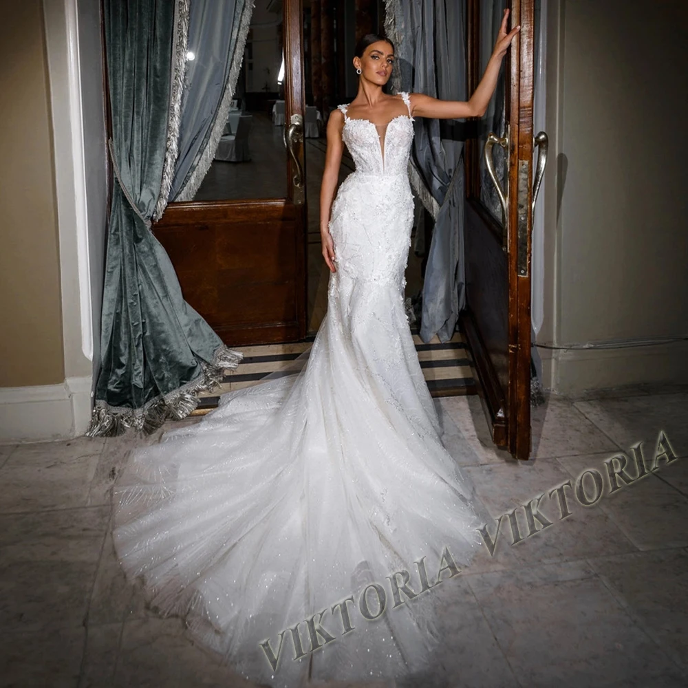 

VIKTORIA Luxury Wedding Dress Shiny Tulle Spaghetti Straps For Woman Marriage Mermaid Appliques Vestidos De Novia Custom Made