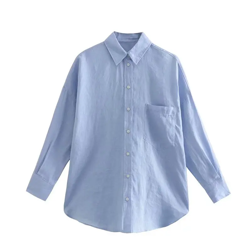 PB&ZASpring 2022 Women's Versatile Long Sleeve Lapel Front Patch Pockets Side Slit Hem Buttoned Closure Linen Shirt