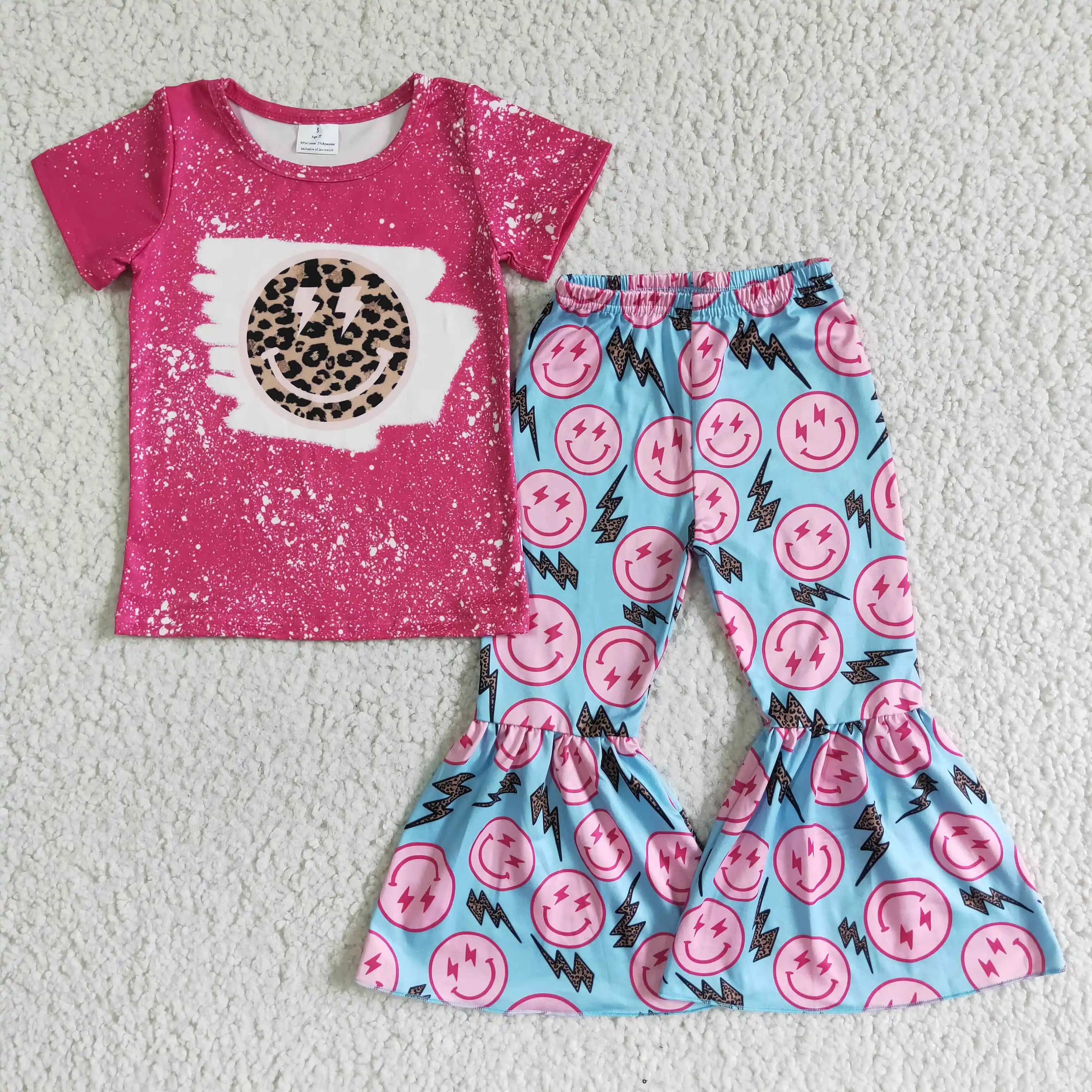 

Baby Girls Smiling Face Outfits Hot Pink Clothing Kids Short Sleeves Boutique Wholesale Sets Children Fashion RTS Clothes