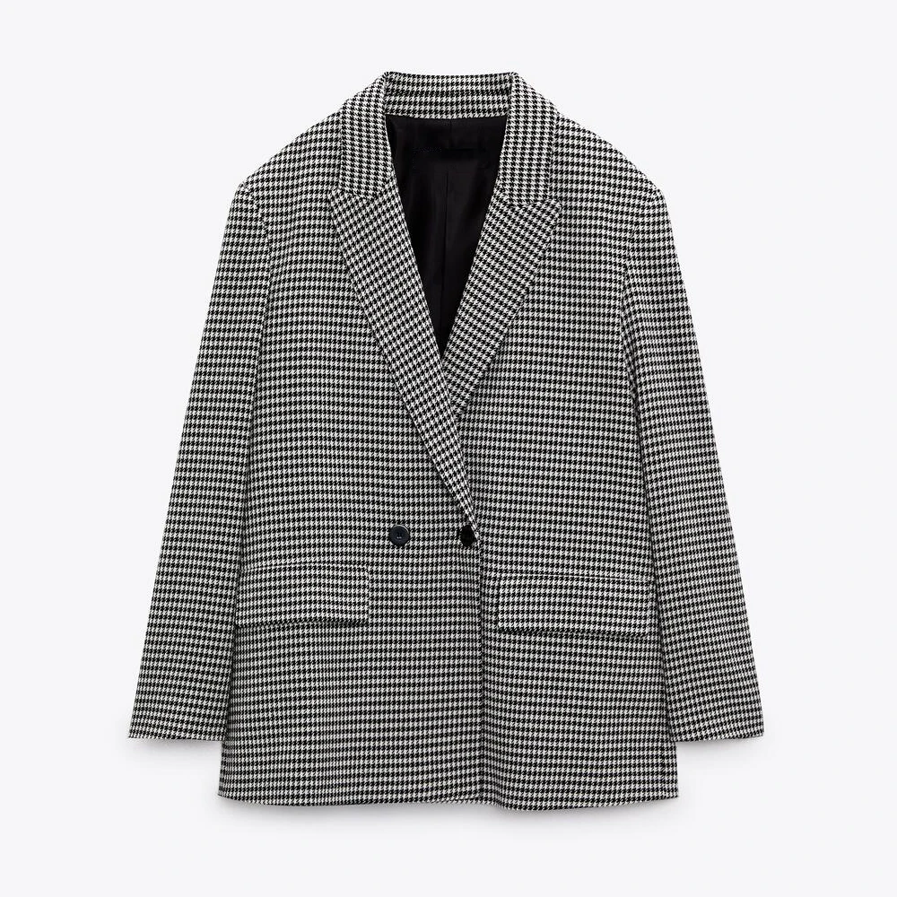 

BM&MD&ZA 2022 Autumn and Winter New Women's Boyfriend Style Houndstooth Wide Version Double Breasted Suit Jacket 8750112