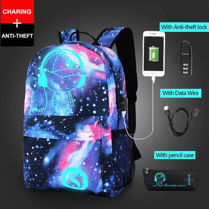 Рюкзак-Антивор для девочек светящийся школьный с USB-портом зарядки и замком
