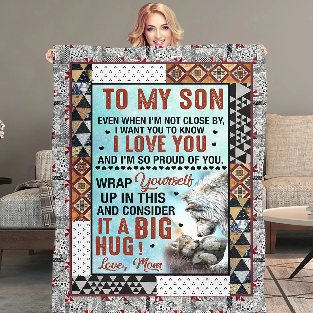

To My Son Custom Gift Blanket Wolf Print Blanket Animal Pattern Home Decor Ultra Lightweight Car Sofa Thin Quilt Office Gift
