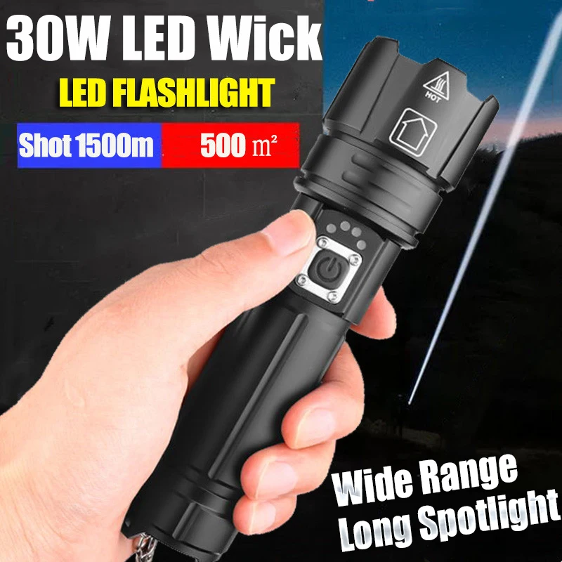 

Ultra-Bright 1500 Meters Long Distance White 30W LED Wick Tactical Flashlight Type- C Rechargeable Spotlights for Searching