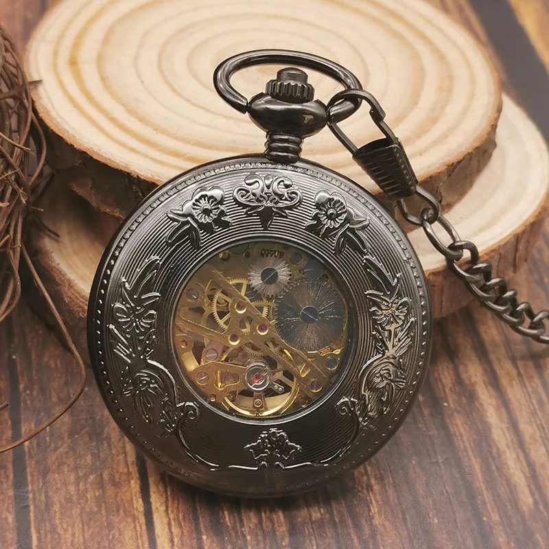 Fashion Casual Hollow  Black Antique Vintage Mechanical Pocket Stainless Steel Pocket Watch For Men Women Necklace Pendant