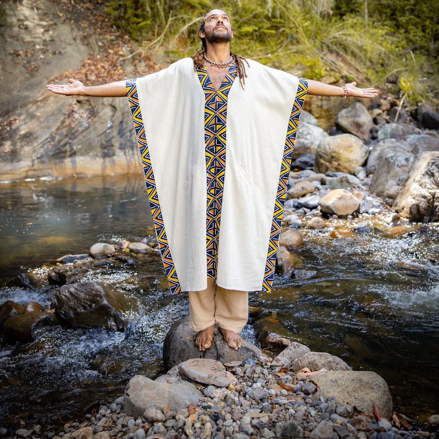 

Kafatan Men's Kurta Tribal Patterns Handmade Gown Natural Cotton With Pockets Ceremony Ritual Festival Robe