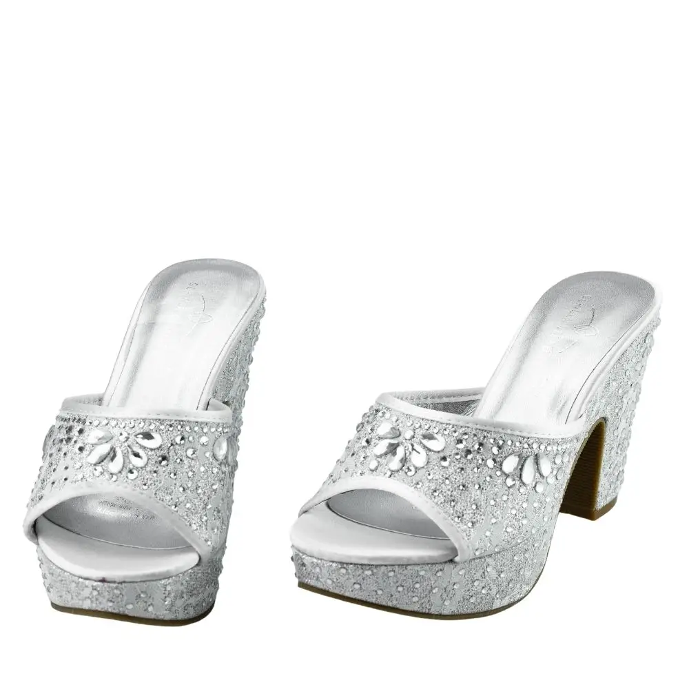 Silver Dressey Summer Shoes Women Wedding Party Footwear Chunky Mules Sandals Platform 3CM Lace Rhinestone High Heels Sandals