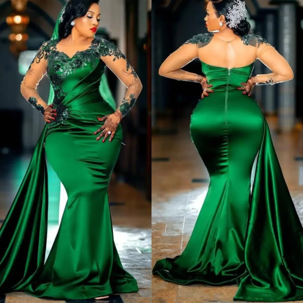 

Emerald Green Mermaid Prom Dresses Sheer Neck Long Sleeve Lace Beading Evening Dress Black Girls Birthday Party Gowns