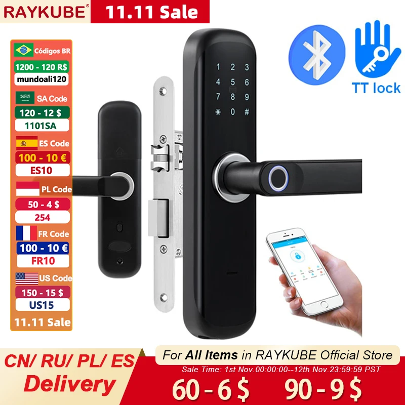 Pаспродажа RAYKUBE TT Блокировка Bluetooth блокировка отпечатков пальцев Дверной замок M1 карта Пароль без ключа добавить шлюз работа с Alexa/Google разблокировка Wifi ...