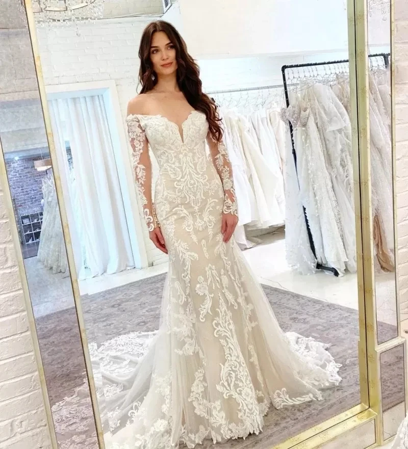 

Vestidos De Novia Elegant Lace Mermaid Wedding Dresses Applique Long Sleeves Bridal Gowns 2022 V Neck Robe De Soiree De Mariage