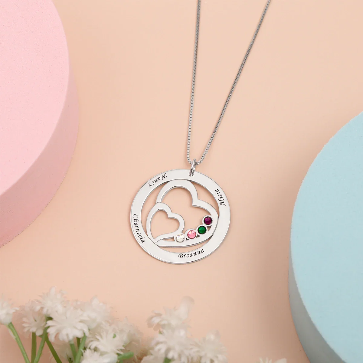 

Personalized Intertwined Heart In Heart Necklace With Birthstone Customized Engraved Any Name Pendant Necklaces Jewelry Gift