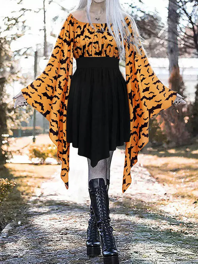 Women Vampire Bat Costume Ruffled Lace Up Mini Dress Adult Cosplay Halloween Outfit Masquerade Party Fancy Dress without Belt