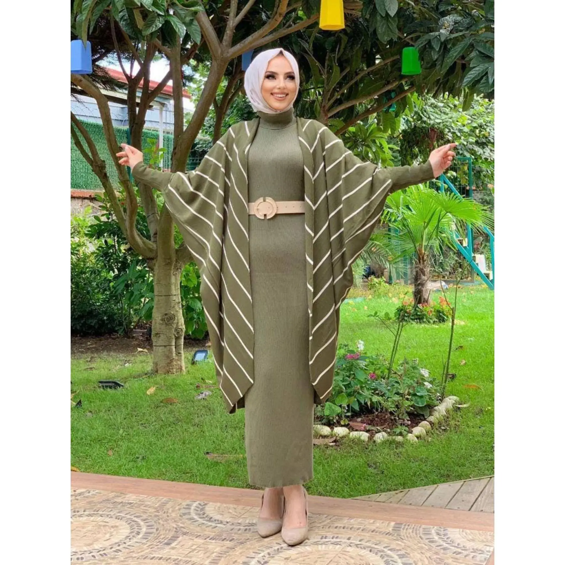 Cotton Knitted Set Dress and Cardigan Winter Women Fashion Elastic Waist Free Size Relax Big Plus Sized Muslim Modest Long Wear