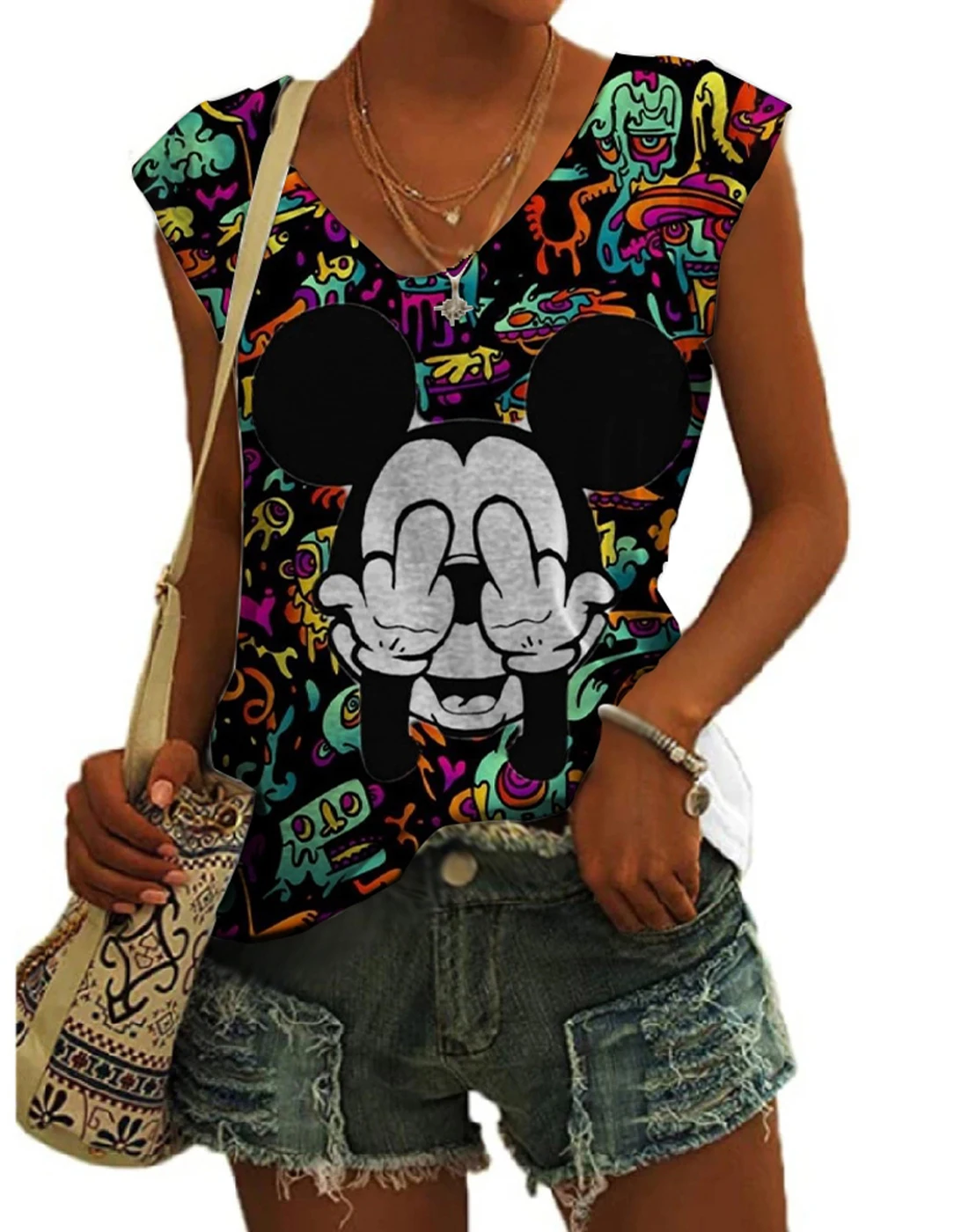 

Women's Summer Street Style Sleeveless Tank Top Disney Mickey Minnie Anime 2023 Versatile Casual Ladies Slim Fit V Neck Top