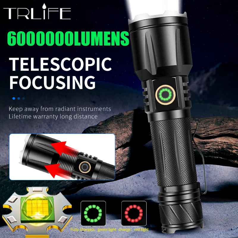 

6000000LMS XHP360 LED Torch USB Flashlight Telescopic Zoomable 5000M Shot P50 18560 26650 Aluminum Bike Lamp for Camping Fishing