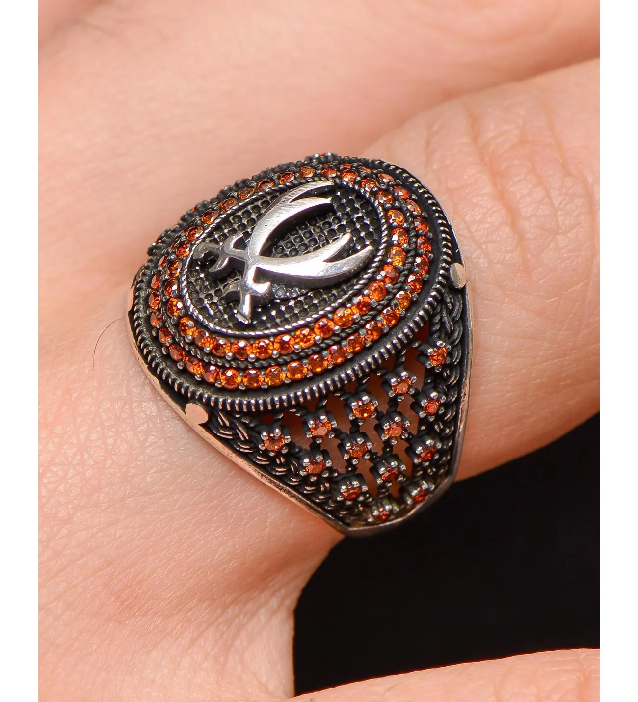 

Silver Zülfükar Ring Dagger Motif Pearl Sterling Zircon Stone Embellishment