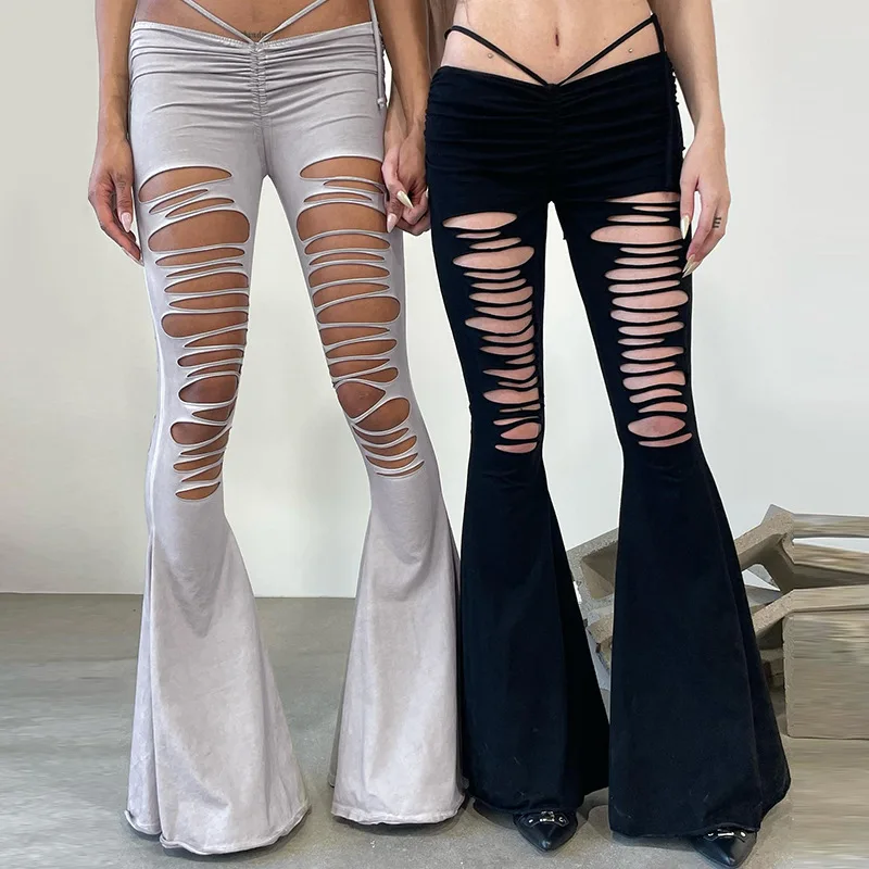 

Cut out Bandage Y2k Flare Pants Punk Gothic Pure Color Slim Fit Grunge Black High Waist Sexy Flared Trousers Aesthetic Clothes W