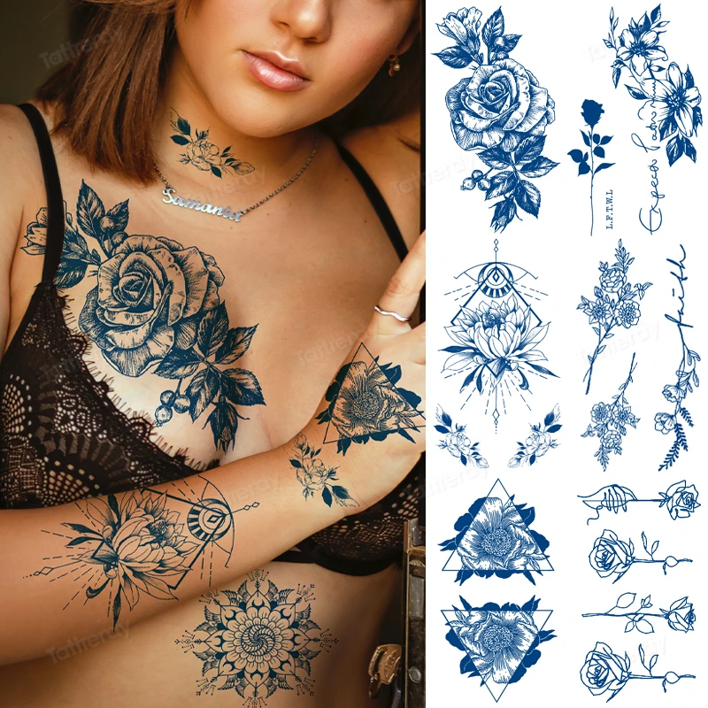 

herbal juice tattoo stickers underboob breast sexy flowers rose peony lotus mandala fake henna tattoos temporary thigh body art