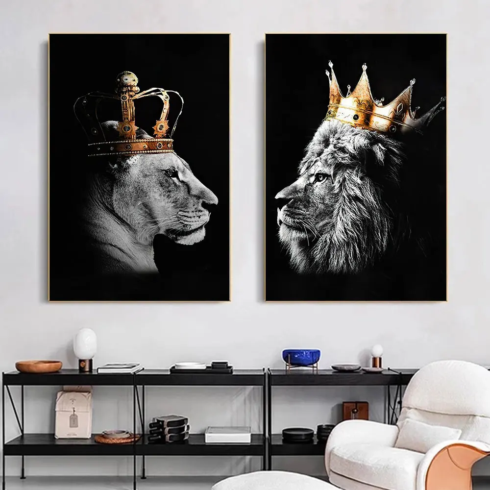 

Lion King And Queen Animal Canvas Painting Wall Art Black And White Poster and Print Picture for Nordic Living Room Home Decor