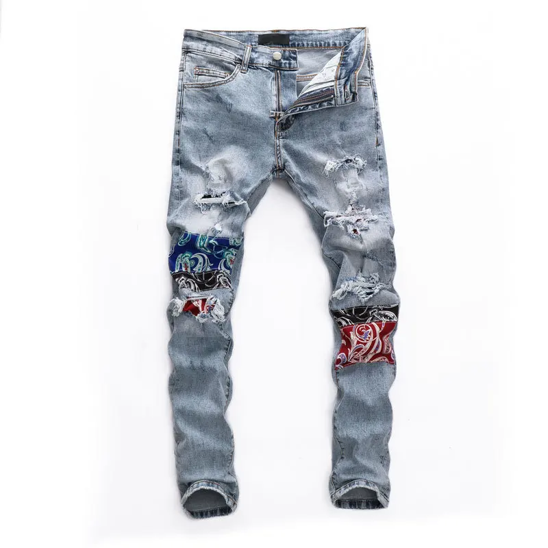 High-End Light-Colored Ripped Jeans Trendy Brand Patch Printing Pants Casual Patchwork Y2K Slim Fit Pencil Jeans For Men