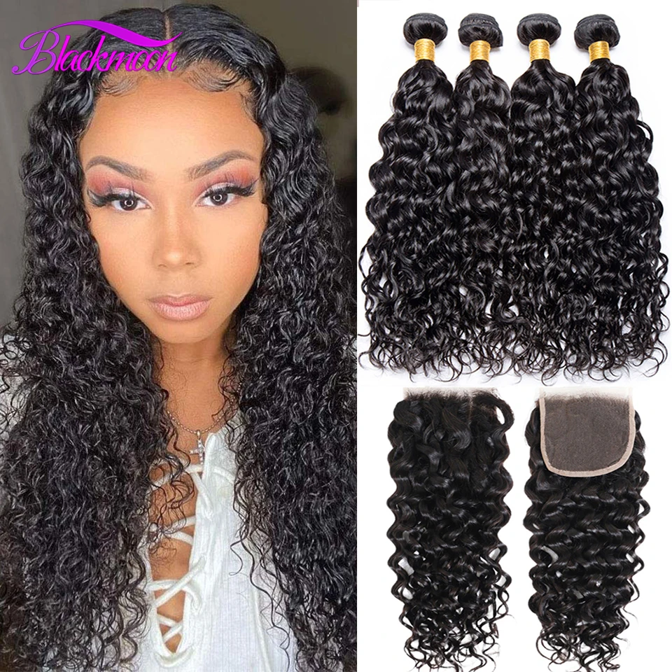 

Peruvian Hair Weave Bundles Water Wave 3 Bundles with Closure 100% Human Hair Extensions 4x4 Closure and Bundles Natural Color