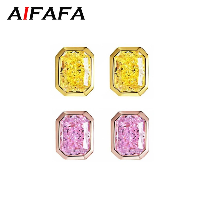 

AIFAFA 100% 925 Sterling Silver 1 Carat Pink Yellow Spearking Diamond 18K Rose Gold Ear Stud Earrings For Women Fine Jewelry