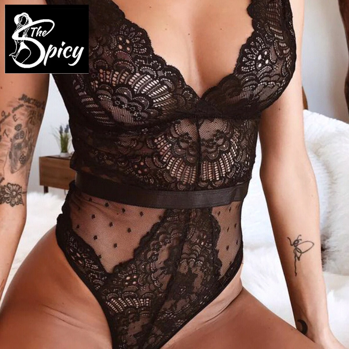 Spicy Girl's Sexy Deep V-Neck Embroidery Lace Bodysuit