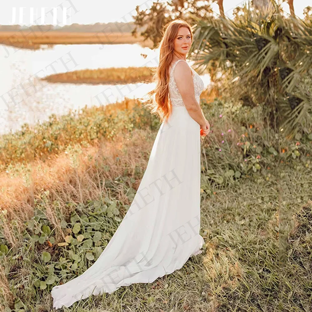 

JEHETH Boho Beach Wedding Dresses For Woman 2023 Bride Robe De Mariée Civil Lace V Neck A Line Bridal Gown Chiffon Sleeveless