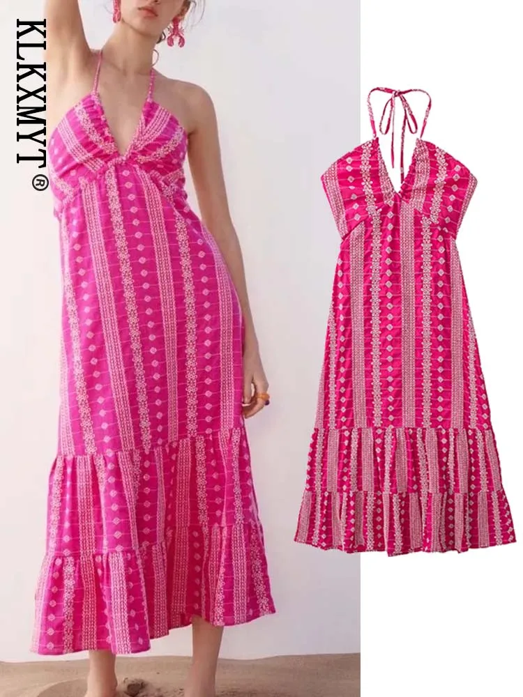 

KLKXMYT TRAF Embroidery Long Dress Women Halter Backless Dress Woman Cut Out Dress 2022 Boho Beach Midi Sexy Summer Dresses