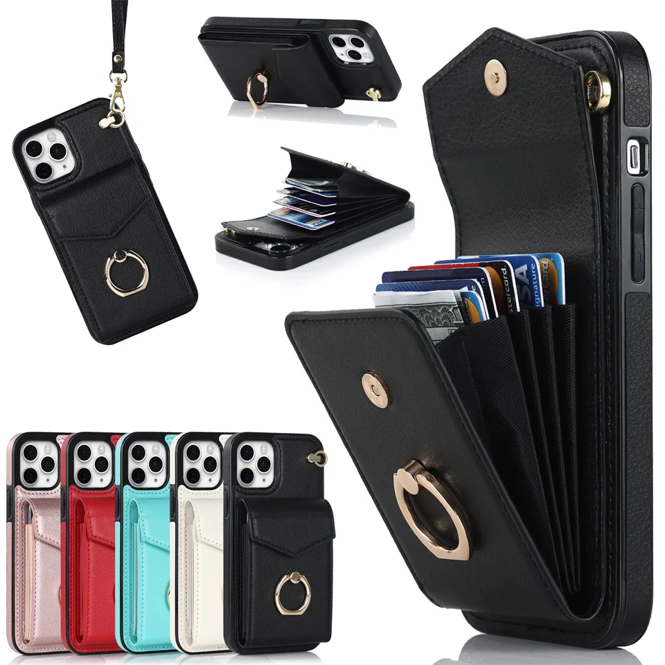 

For iPhone 14 Pro Max 13 Mini 12 11 SE 2020 XR XS 6S 7 8 Plus Case Hand Strap Ring Holder Credit Card Slot Leather Wallet Cover