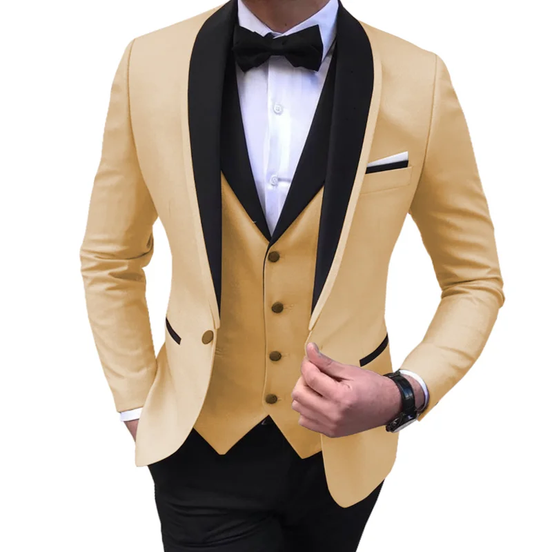 Blue Slit Mens Suits 3 Piece Black Shawl Lapel Casual Tuxedos for Wedding Groomsmen Suits Men 2020 (blazer+vest+pants)