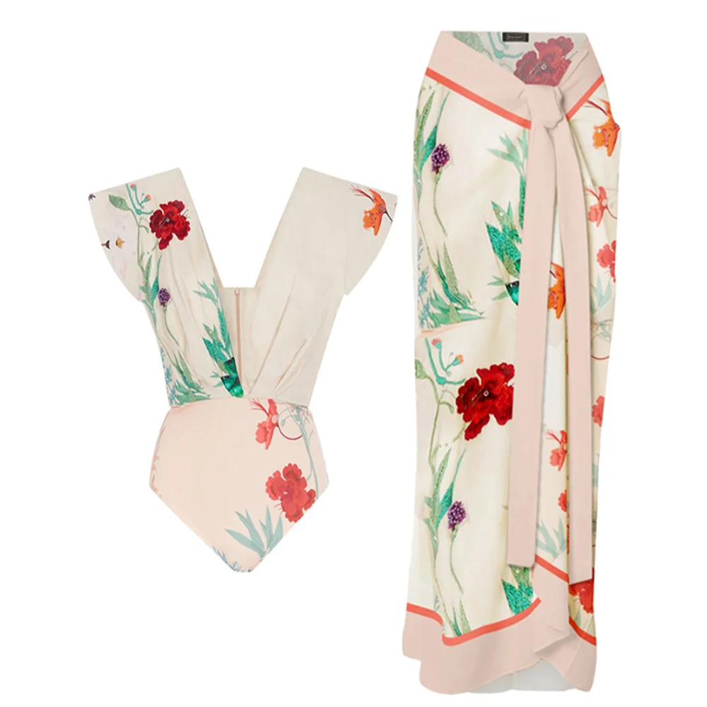 Женский слитный купальник с юбкой